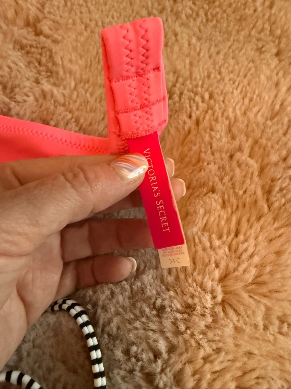 Victoria's Secret Neon Pink Push-Up Bikini with Black & White Stripe Ties - Picture 3 of 5